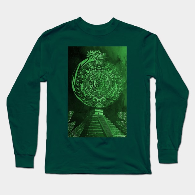 the mexican pyramids in teotihuacan green dragon aztec calendar Long Sleeve T-Shirt by jorge_lebeau